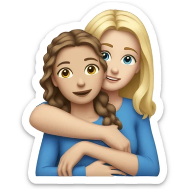 Mom with brown hair & blue eyes hugging daughter with blonde hair & blue eyes sticker