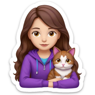 a girl with long wavy brown hair and brown eyes, wearing purple clothes, sitting with a three-color cat, emoji style sticker