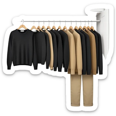 Cute closet with door ajar revealing black long sleeve shirts, sweaters, and khaki work pants hanging organized sticker