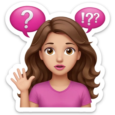 girl with long wavy brown hair, brown eyes, light to medium complexion, in a pink shirt, pink lips, long lashes, shugging, question mark one speech bubble sticker