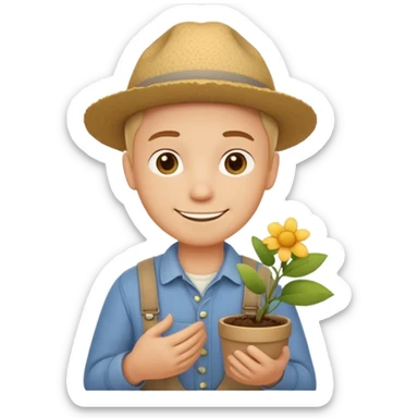 A calm, friendly male cartoon character with light skin, simple farm clothes, warm smile, holding a small plant or flower, stylized as a cute, readable emoji icon with soft earthy color sticker