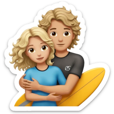 Wavy haired brunette hugging blond surfer dude sticker