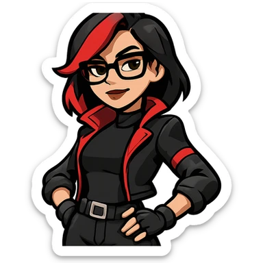 cool female character with black and red hair, glasses, and a confident pose, inspired by Undercover Kor from Fortnite, in Jiiby-Style sticker