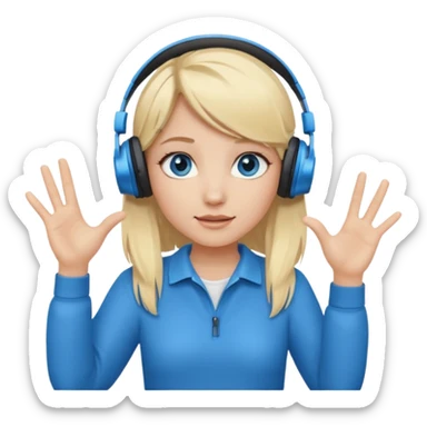 girl with blonde hair and blue eys, having on ears heaphones, with heands telling what  sticker