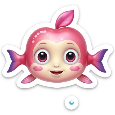 adorable underwater animal with shiny plastic finish, oversized sparkling eyes, miniature body, cheerful smile, blushing cheeks, intricate textures, pastel and bright accent colors, tiny heart or bow accessory, rich shading, apple emoji style sticker