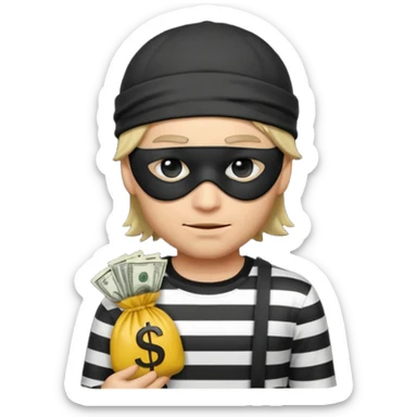 a short ios emoji-style portrait of a classic burglar, a black eye mask (looks like a blindfold) and a black-and-white striped shirt. emoji-like hair, black hat, ONE bag of money 💰 with a dollar sign in a right corner sticker