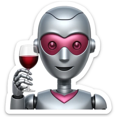 Un robot elegante con vino en la mano y una sonrisa tímida y unos ojos de corazónes rosas sticker