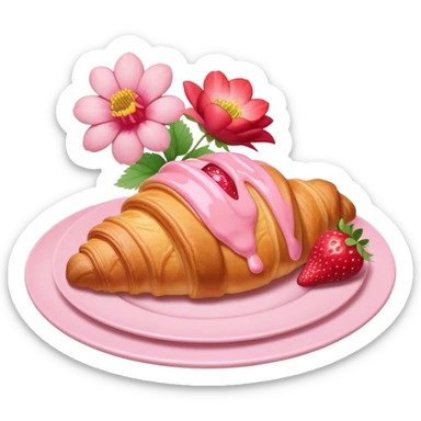 A croissant with pink glaze on it and strawberrys on top with a light pink plate with flowers sticker
