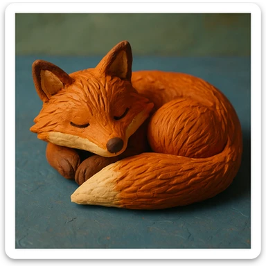 fox curled up sleeping, soft lighting, vibrant colors, detailed fur, claymation style sticker