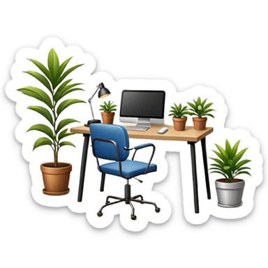 imagen de una oficina moderna con escritorio, silla, notebook, agenda y una planta con un cartel que diga en español FUERA DE OFICINA sticker