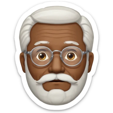 An elderly man emoji with medium-dark skin tone, long face, white hair on the sides, glasses, light eyebrows, and a light white beard. sticker