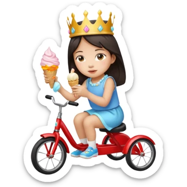 Asian girl riding a tiny tricycle wearing a crown eating ice cream sticker