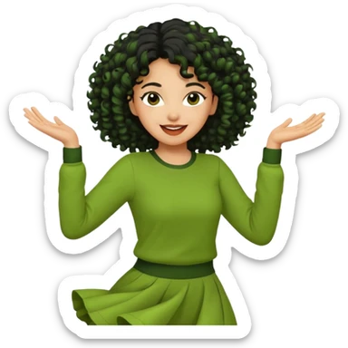 a woman with olive skin tone and curly black hair wearing green and dancing sticker