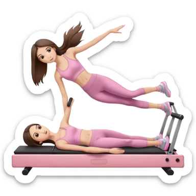 pretty skinny white brunette teen long hair with hazel eyes and a small waist in light pink workout clothes in a plank on a pilates reformer sticker