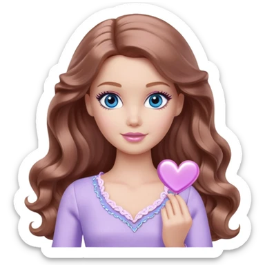 Barbie girl Chestnut long wavy hair and blue eyes is In pale purple clothes a silver heart  sticker