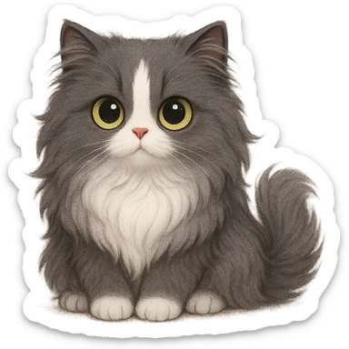 cute Persian cat with long gray fur, white spot on forehead, white chest, big cute yellow-green eyes, adorable style sticker