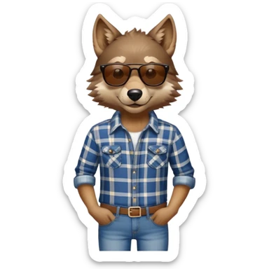 head and shoulders friendly brown-furred anthropomorphised wolf in plaid shirt and jeans, wearing dark sunglasses, relaxed pose sticker