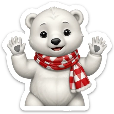 baby Polar Bear, smiling, hi five, wearing red Checkered Triangle scarf sticker