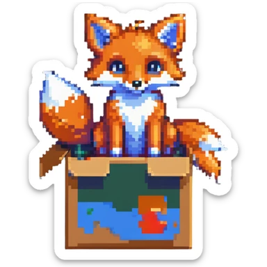 Playful fox sitting in a cardboard box, kids toy aesthetic, pixel art style sticker