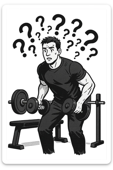 Uomo in palestra mentre si allena con tanti punti interrogativi intorno, confuso sticker