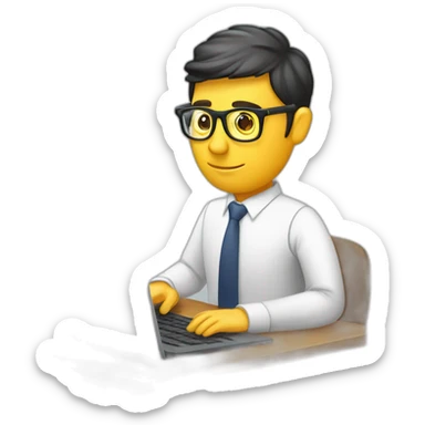 Periodista escribiendo en la computadora con lentes grabadora cámara lápiz y cuaderno sticker