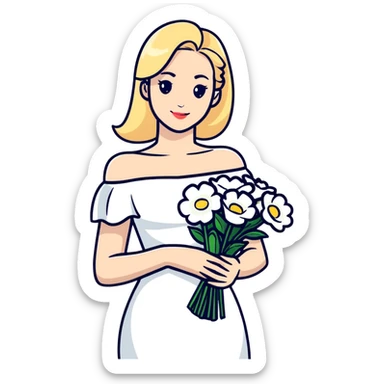 blonde woman in a white off-shoulder dress with a bouquet of white flowers sticker