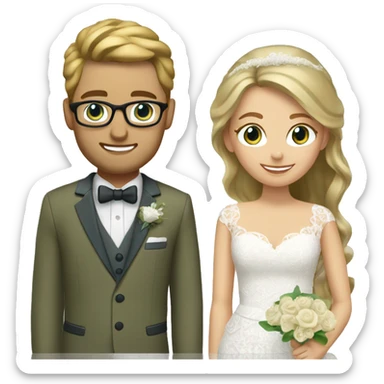 Wedding couple. Bride has brown hair pinned up. She wears lace dress. She has blue eyes. Groom has olive green suit and brown vest. He has blond hair. He wears glasses. He has blue eyes. sticker