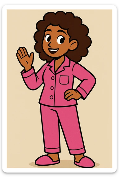 modern style medium skin woman with curly brown hair wearing pink pajamas, neutral background sticker
