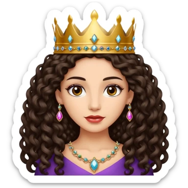 Queen with long dark curly hair, dark brown eyes, light olive skin tone. can you make the skin tone lighter? sticker