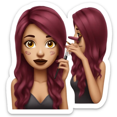 Beautiful tattooed burgundy long haired woman doing her makeup sticker