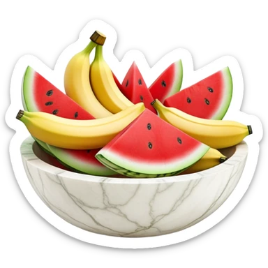 A simple 3D color illustration of a fruit bowl made of white marble with sliced watermelon, sliced banana with realistic shading and texture, on a pure white background. sticker