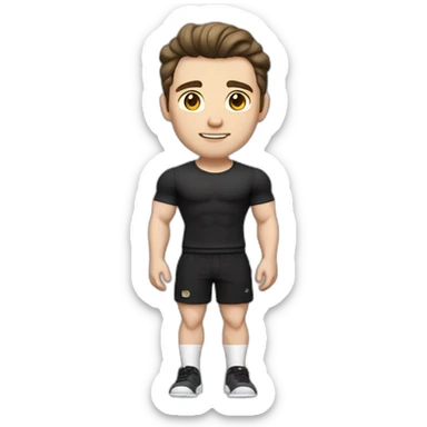 Pale skinned Fit Man With the biceps and dark brown hair in black shirt, gray sports shorts and white Sneakers sticker