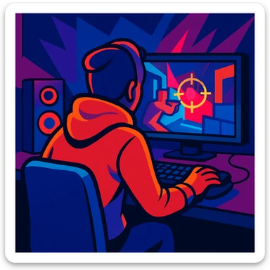 back view of a man in a hoodie gaming at a computer, intense atmosphere, modern cartoon style, vibrant colors sticker