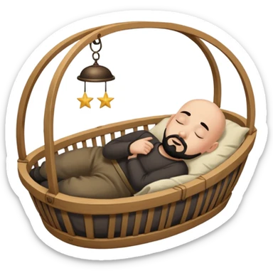 a bald man with a black goatee sleeping in a cradle sticker