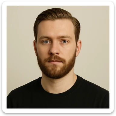 portrait of a young man with short light chestnut hair slicked back, medium-length thick beard, light green eyes, fair skin, oval face, neutral expression, wearing a dark t-shirt, plain light background, shoulder-up front view sticker