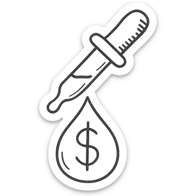 hand-drawn outlined pipette at the top of a golden drop with a dollar sign inside the drop sticker