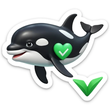 3d Cartoon orca with a green checkmark next to it sticker