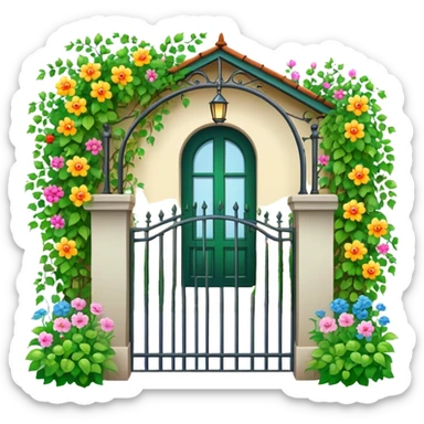 iron fence house entrance with vines, flowers and garden sticker
