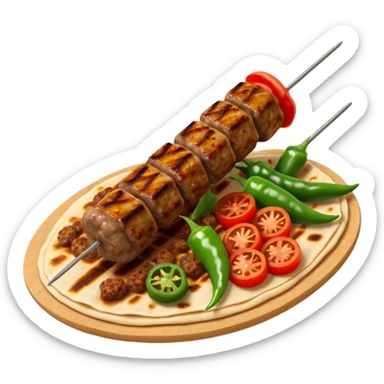 Adana kebab object icon, spicy grilled minced meat skewer, served on flatbread, grilled tomatoes and green peppers on the side, smoky char marks, juicy texture, 3D cartoon, mobile game icon style, centered, clean background, no text, no watermark
 sticker