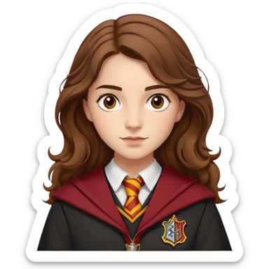 Georgina Leonidas is Katie Bell in harry potter, wear hogwarts gryfindor uniform, medium-to-long, wavy brown hair, a practical and natural look, light skin sticker