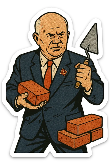 The full body of soviet leader Khrushchev with a communist badge on his suit holding building materials such as bricks and trowels, he is looking determined. sticker