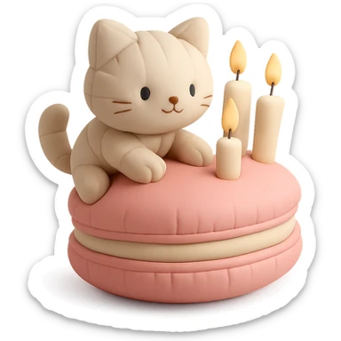 kitten riding giant macaron with candles, cushion style sticker
