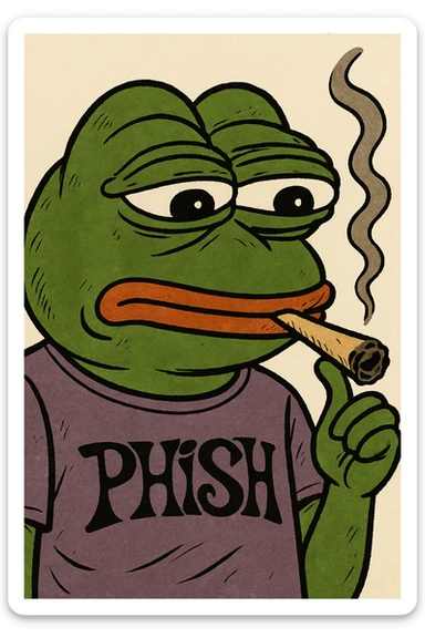 Add a Phish band t-shirt to Pepe the Frog while he is smoking a joint, keeping the Pepe meme style consistent and recognizable. sticker