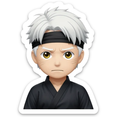 Satoru Gojo from Jujutsu Kaisen, white hair, blindfold, confident smirk, chibi face proportions, energetic expression, close-up face sticker
