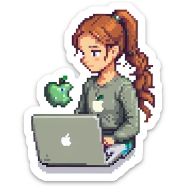 girl with ponytail using a laptop with an apple logo, simple background, pixel art style sticker