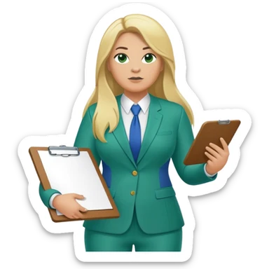 Full Body white plus size female basketball head coach using a clipboard with long blonde hair in a blue and green suit sticker