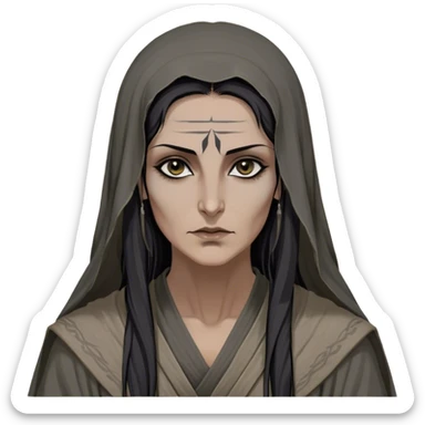 Mirri Maz Duur is a weathered, middle-aged Lhazareen woman with deep-set dark eyes, high cheekbones, and a sharp nose, giving her a stern, knowing expression. Her long, unkempt dark hair streaked with gray falls loosely over her shoulders, and her earth-toned, tattered robes mark her as a humble healer. Despite her frail appearance, she exudes an aura of mystery and menace, her hands stained with herbs and blood from both healing and dark sorcery. sticker