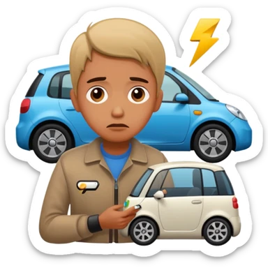 Sad person at low-battery icon next to EV. sticker