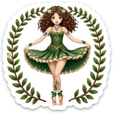 full body woman long curly brown hair brown eyes white skin tattoos forest nymph dancer pose, petal ribbons around legs sticker