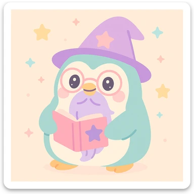 a chubby penguin wizard with glasses, a long beard, and a spellbook, in a fantasy illustration style sticker